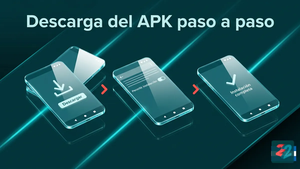 Tres pantallas de teléfono mostrando los pasos de descarga e instalación del APK de 22bet en Android
