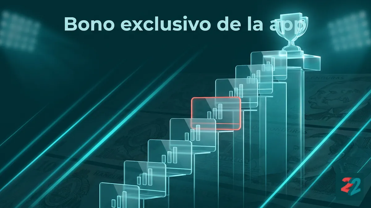 Escalera de cristal con tarjetas iluminadas que representan el bono mensual exclusivo de la app de 22bet