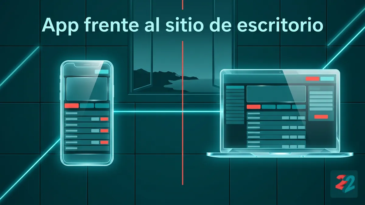 Comparación entre un teléfono con la app de 22bet y una computadora con el sitio de escritorio, conectados por luz cian
