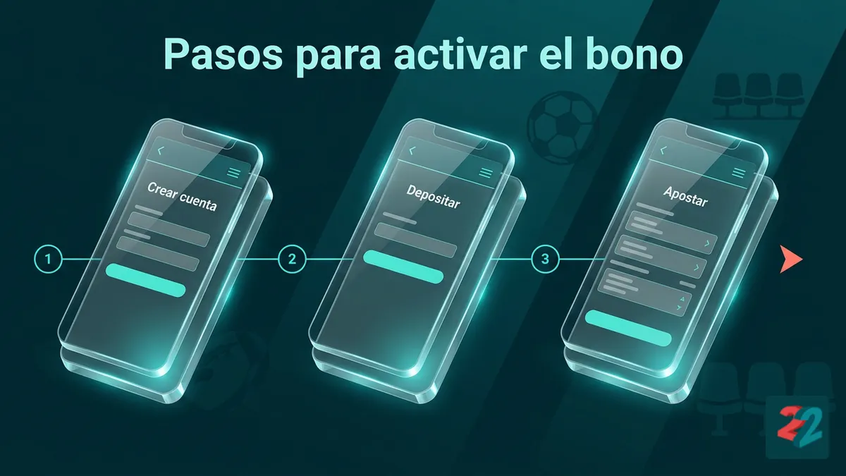 Tres pantallas de celular muestran los pasos para activar el bono de bienvenida de 22bet en Honduras