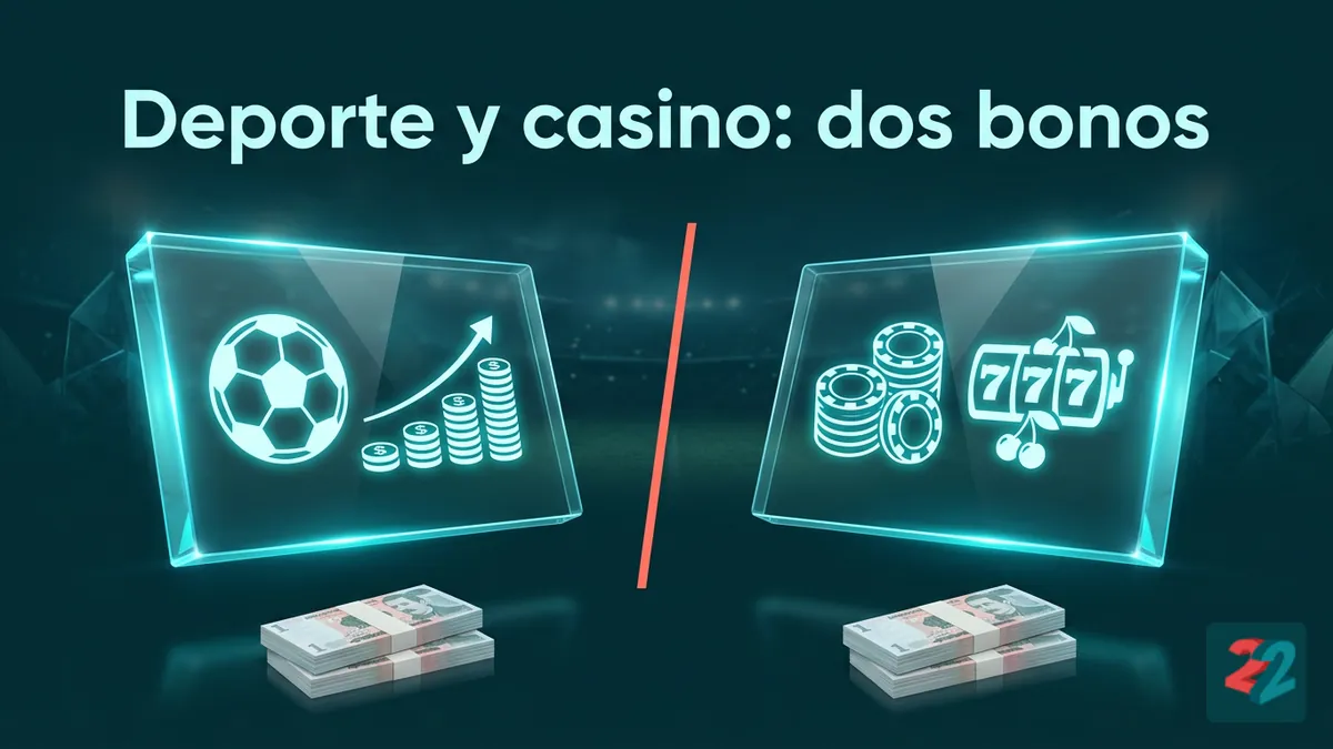 Dos tarjetas de vidrio comparan el bono deportivo y el bono de casino de 22bet para jugadores en Honduras