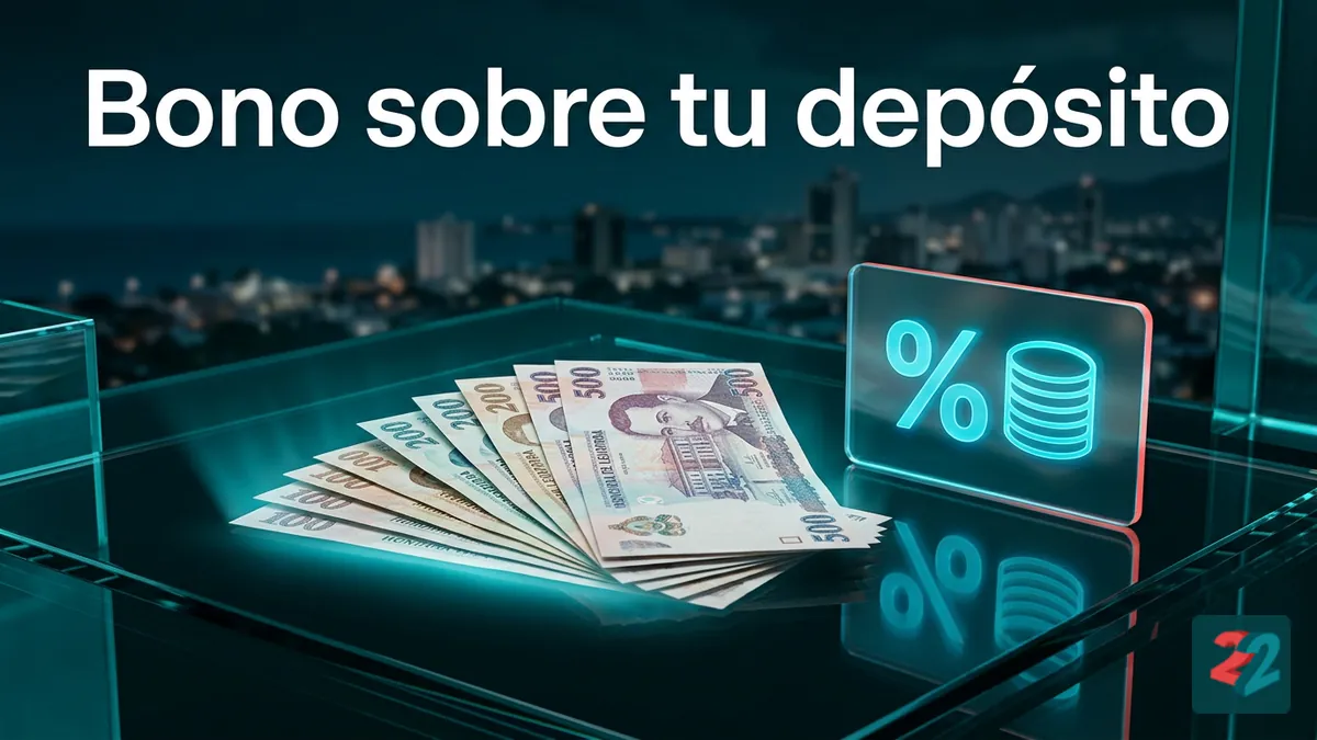 Billetes de lempiras junto a una tarjeta de bono por depósito en 22bet Honduras