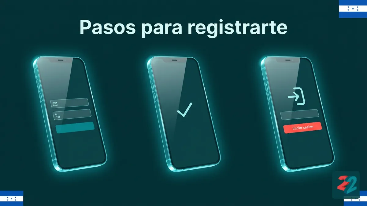 Tres pantallas que muestran los pasos para registrarte en 22bet Honduras